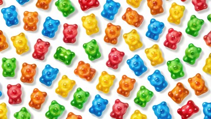 Poster - A vibrant and colorful collection of gummy bears arranged in a symmetrical pattern, showcasing a rainbow of sweet and playful flavors.