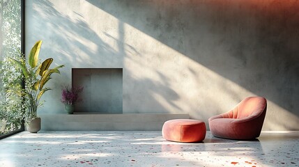 Poster - Elegant terrazzo flooring pattern featuring delicate pastel stones in pink mint green and soft lavender seamlessly integrated with a smooth concrete wall for a fresh ambiance