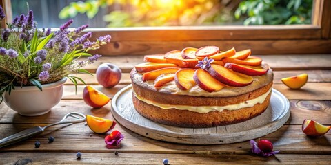 Poster - A Homemade Peach Cake Decorated With Fresh Fruit and a Single Flower on a Rustic Wooden Table