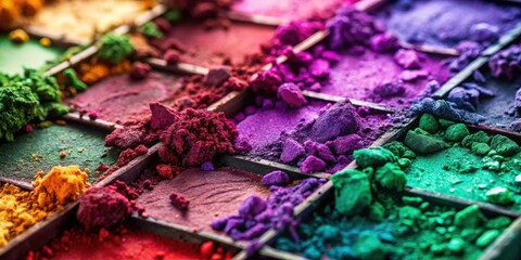 Aufkleber - A Close-Up View of a Palette Filled with Vibrant and Bold Colors, Highlighting the Textured Surface and the Array of Pigments Ready for Creative Application