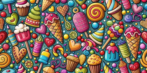 Poster - Whimsical Celebration A vibrant and playful pattern of colorful sweets, treats, and decorations, symbolizing joy and festive indulgence.