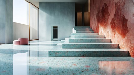 Poster - Elegant terrazzo flooring pattern featuring delicate pastel stones in pink mint green and soft lavender seamlessly integrated with a smooth concrete wall for a fresh ambiance