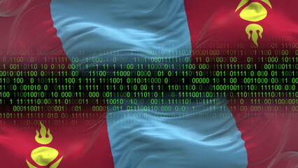 Mongolia flag - 3D realistic waving flag on matrix digital background with binary code
