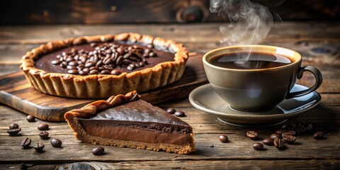 Aufkleber - A slice of chocolate coffee pie on a wooden table with a cup of steaming coffee and coffee beans scattered around