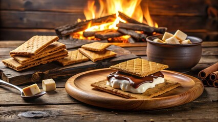 Poster - A delicious s'more with melted chocolate and fluffy marshmallow on a graham cracker, ready to be enjoyed by the warm glow of a crackling fire.
