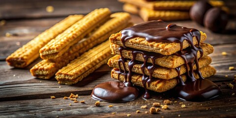 Poster - A decadent stack of chocolate-covered cookies with a pool of melted chocolate on a rustic wooden surface