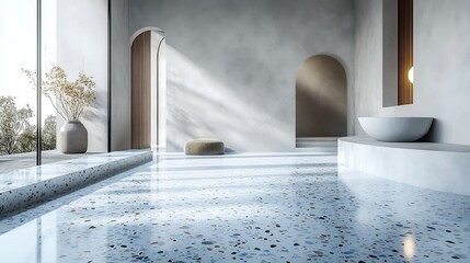 Poster - Elegant terrazzo flooring texture displaying subtle variations of soft white silver and pale blue stones beautifully enhanced by a smooth white concrete wall for a serene effect