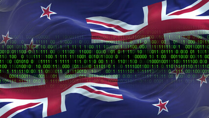 New Zealand flag - 3D realistic waving flag on matrix digital background with binary code