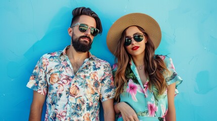 Young fashionable couple on blue background