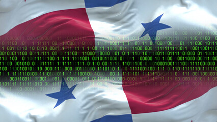 Panama flag - 3D realistic waving flag on matrix digital background with binary code