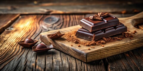 Poster - A close-up of dark chocolate squares stacked on a wooden cutting board with cocoa powder and chocolate shavings scattered around