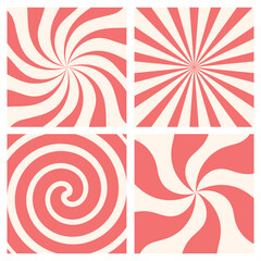 candy cane or ice cream striped swirl backgrounds set. twisted sunbeam pink sweet banners. holiday t