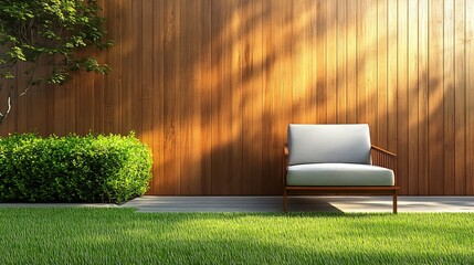 Fototapete - Elegant wooden terrace surrounded by a bright green lawn featuring a simple empty wood plank wall complemented by a modern gray chair perfect for a minimalist outdoor escape