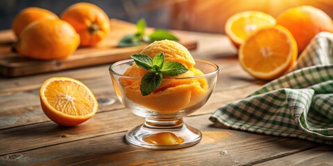 Aufkleber - A refreshing citrus sorbet garnished with a sprig of mint, nestled in a glass bowl on a rustic wooden surface, surrounded by juicy oranges.
