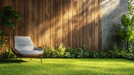 Fototapete - Elegant wooden terrace surrounded by a bright green lawn featuring a simple empty wood plank wall complemented by a modern gray chair perfect for a minimalist outdoor escape