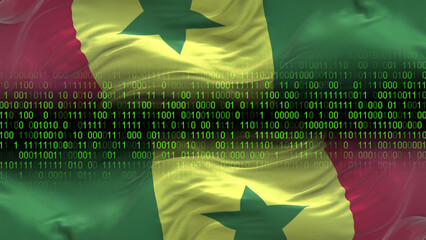 Senegal flag - 3D realistic waving flag on matrix digital background with binary code