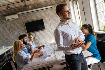 Creative managers crew, business people, designer working with new startup project in office.