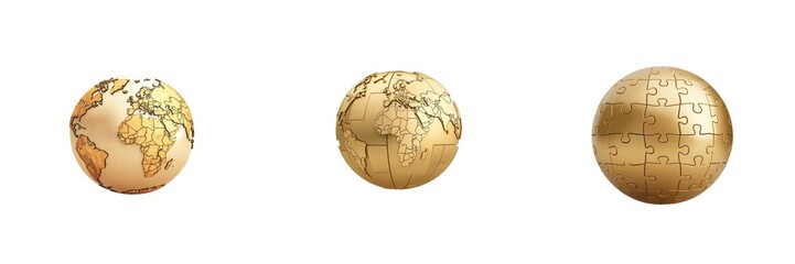 Three golden globes showcasing various world maps, symbolizing global connectivity and exploration.