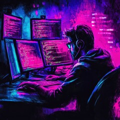 a vibrant digital art of a person coding at multiple screens, with neon colors reflecting a modern t