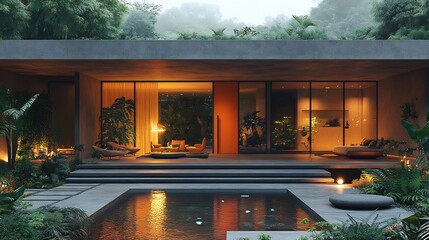 Poster - Eyecatching front door featuring a minimalist design and bold hues surrounded by lush greenery and outdoor lighting presenting a striking facade that welcomes visitors warmly