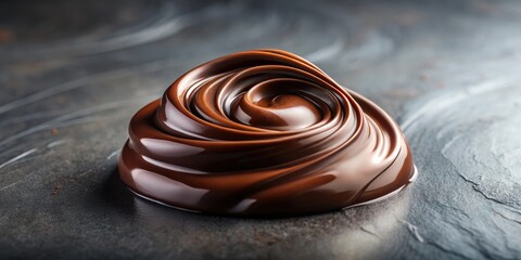 Poster - A swirling mound of rich, dark chocolate, a decadent treat with a smooth, glossy finish, rests on a rustic black background.