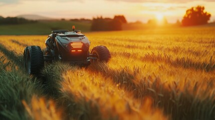 AI robot analyzing soil and plant quality in a barley field, showcasing smart farming innovations.