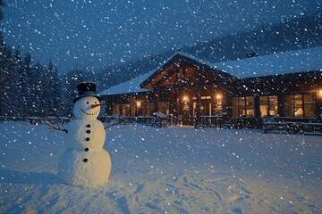 A cozy winter scene featuring a snowman in front of a warmly lit lodge amidst falling snow.