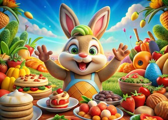 Cartoon Smiling Rabbit Waving Paw in a Colorful Food Scene – Perfect for Kids' Menu Designs and Culinary