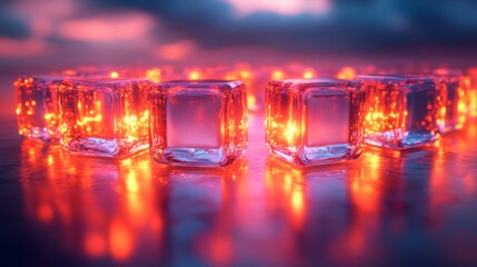 Poster - A collection of ice cubes emits a striking red glow, positioned elegantly on a polished surface under soft lighting during twilight, creating an enchanting atmosphere.