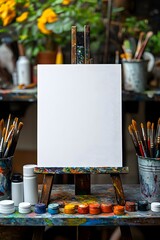 Blank white poster mockup on a colorful wall in a creative artist studio surrounded by painting supplies. 3d rendering