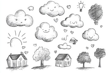 Aufkleber - This collection features quick pencil sketches of smiling clouds, trees, and charming houses, all displayed in a playful, whimsical manner. Generative AI