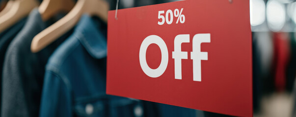 Close up of vibrant red promotional banner displaying 50% Off in retail setting, capturing attention and enticing shoppers with great deal