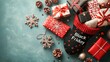 © AImagine Designs - Black Friday concept blended with Christmas in black and red. A festive arrangement featuring holiday gifts a stocking labeled 'Black Friday' and winter decorations set against a textured background