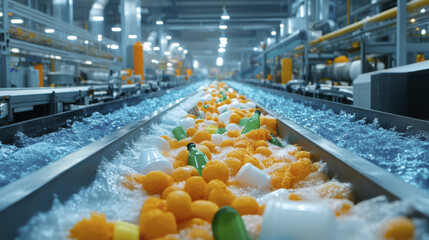 Effervescent bubbles rise as vibrant fruits and vegetables flow along conveyor belt in modern food processing facility, showcasing blend of nature and technology