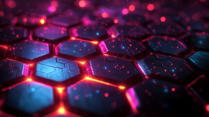 Poster - A visually captivating arrangement of hexagonal shapes illuminated by vibrant colors and glowing particles creates an engaging and futuristic atmosphere.