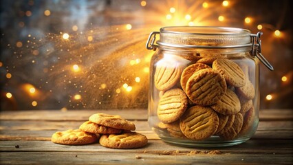Poster - A jar of freshly baked cookies sits on a wooden table with a warm glow of lights in the background.