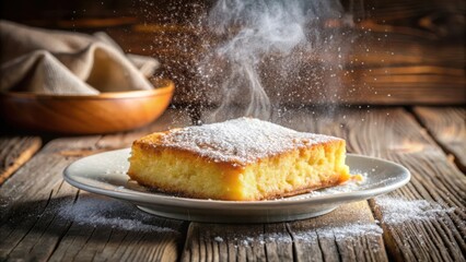 Aufkleber - A freshly baked pastry dusted with powdered sugar, creating a cloud of sweet, fluffy powder, sitting on a rustic wooden table.