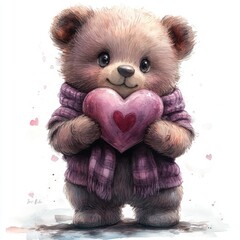 Cute teddy bear holding a heart-shaped object, wearing a cozy purple scarf.