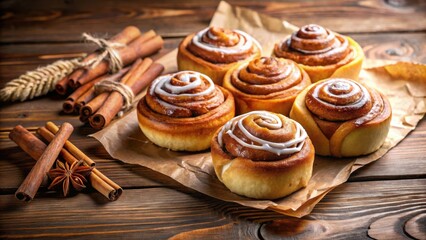 Poster - Sweet Cinnamon Rolls with a Sprinkle of White Frosting and Aromatic Cinnamon Sticks on Rustic Wooden Surface