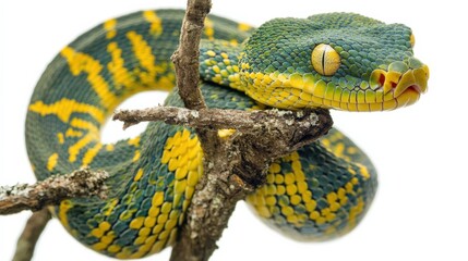 Rare emerald tree boa hanging from a branch, its body in a perfect coil, contrasting against the white background.