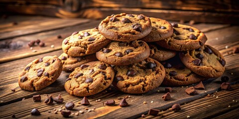 Poster - A stack of freshly baked chocolate chip cookies on a rustic wooden surface, their golden brown tops speckled with melty chocolate chips,  creating a tempting and irresistible treat.