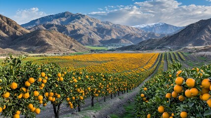 Wall Mural - Rows of Vibrant Orange Trees Laden with Ripe Juicy Citrus Fruit Against a Sprawling Farmland Backdrop  A Bountiful Harvest in a Lush Scenic Agricultural Landscape