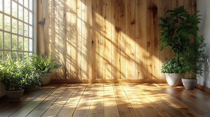 Poster - Capturing front view of a blank wall adorned with smooth wooden planks in an airy room the perfect backdrop for displaying artwork or a mockup enhanced by minimalist decor