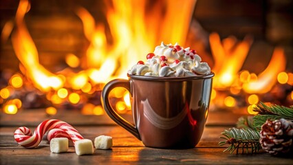 Poster - A mug of hot chocolate topped with whipped cream and red candies, sitting in front of a warm fireplace with candy canes and marshmallows