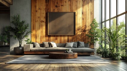 Poster - Capturing front view of a blank wall adorned with smooth wooden planks in an airy room the perfect backdrop for displaying artwork or a mockup enhanced by minimalist decor