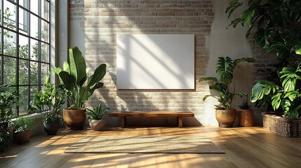 Poster - Capturing front view of a blank wall adorned with smooth wooden planks in an airy room the perfect backdrop for displaying artwork or a mockup enhanced by minimalist decor