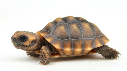 Sulcata tortoise hatchling with detailed ridges in its shell, slowly moving across a white background.