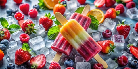 Poster - Frozen fruit popsicles on a bed of ice with fresh strawberries, raspberries, blueberries, and citrus fruit