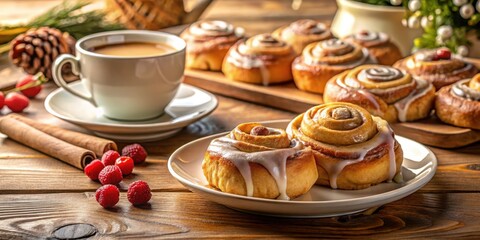 Poster - A cup of warm beverage and a plate of freshly baked sweet rolls with a white glaze, a delightful breakfast or snack on a rustic wooden table