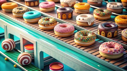 Poster - A conveyor belt carrying a delicious array of freshly baked donuts, each one a unique and tempting treat, adorned with colorful sprinkles and glazes.